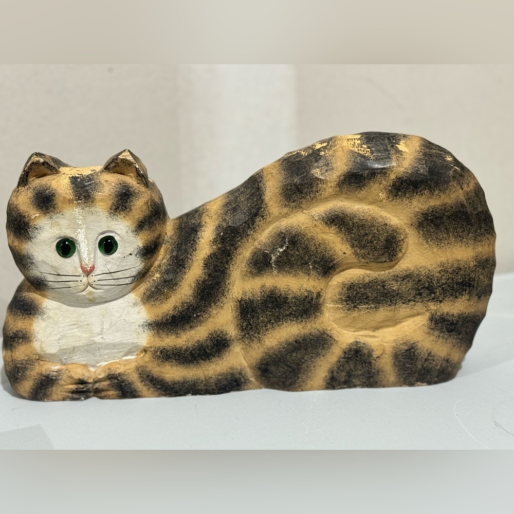 Vintage Wooden Cat James Haddon HAND CARVED SIGNED Folk Art Tabby‎ Orange Black